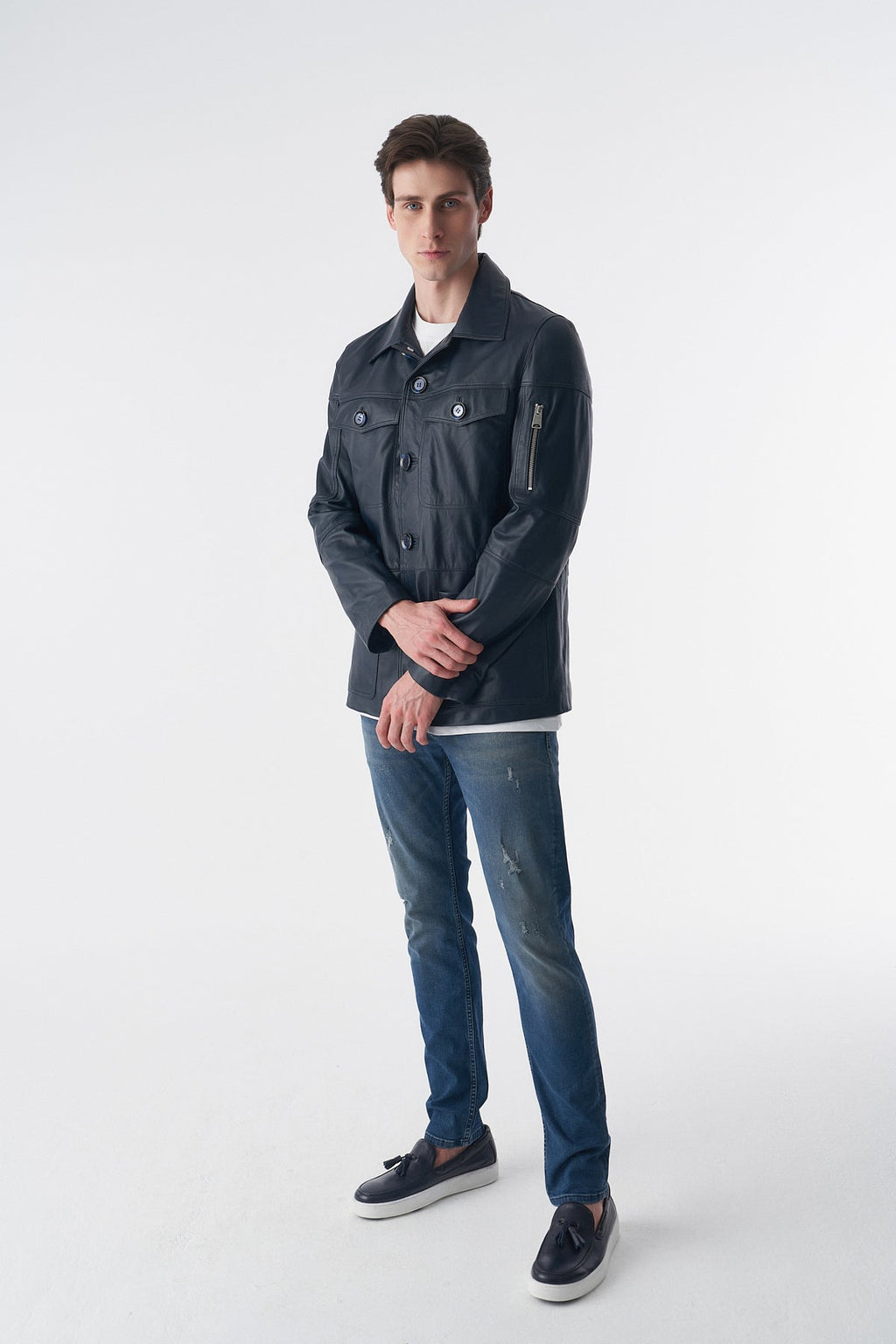 genuine leather coat navy
