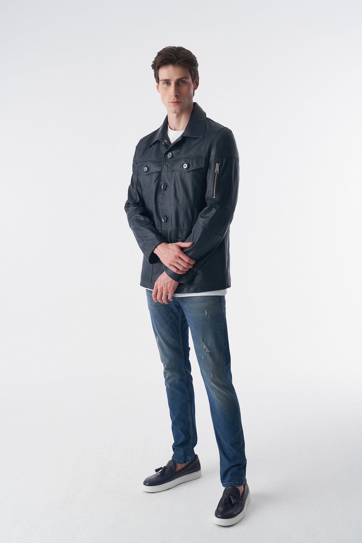 genuine leather coat navy