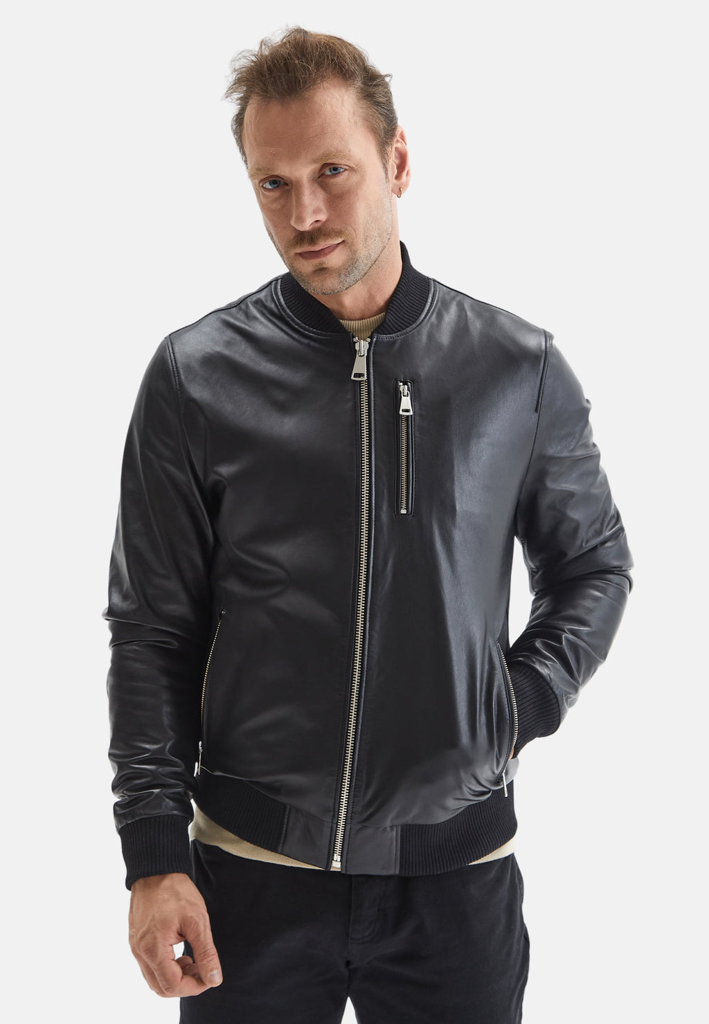 mens leather bomber jacket black