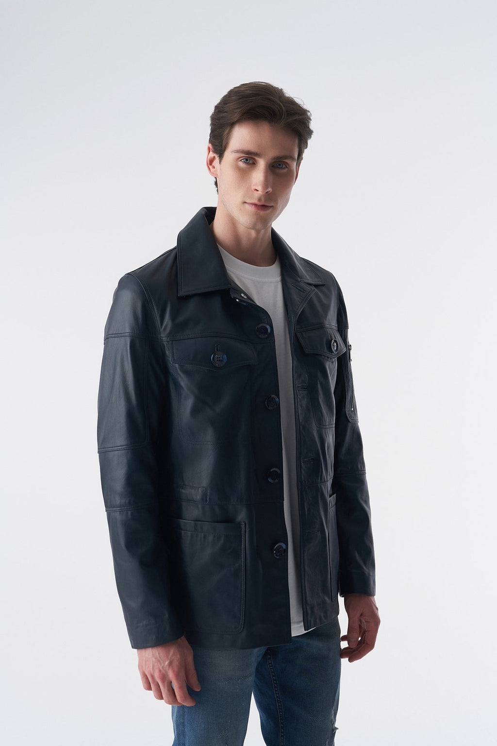genuine leather coat navy