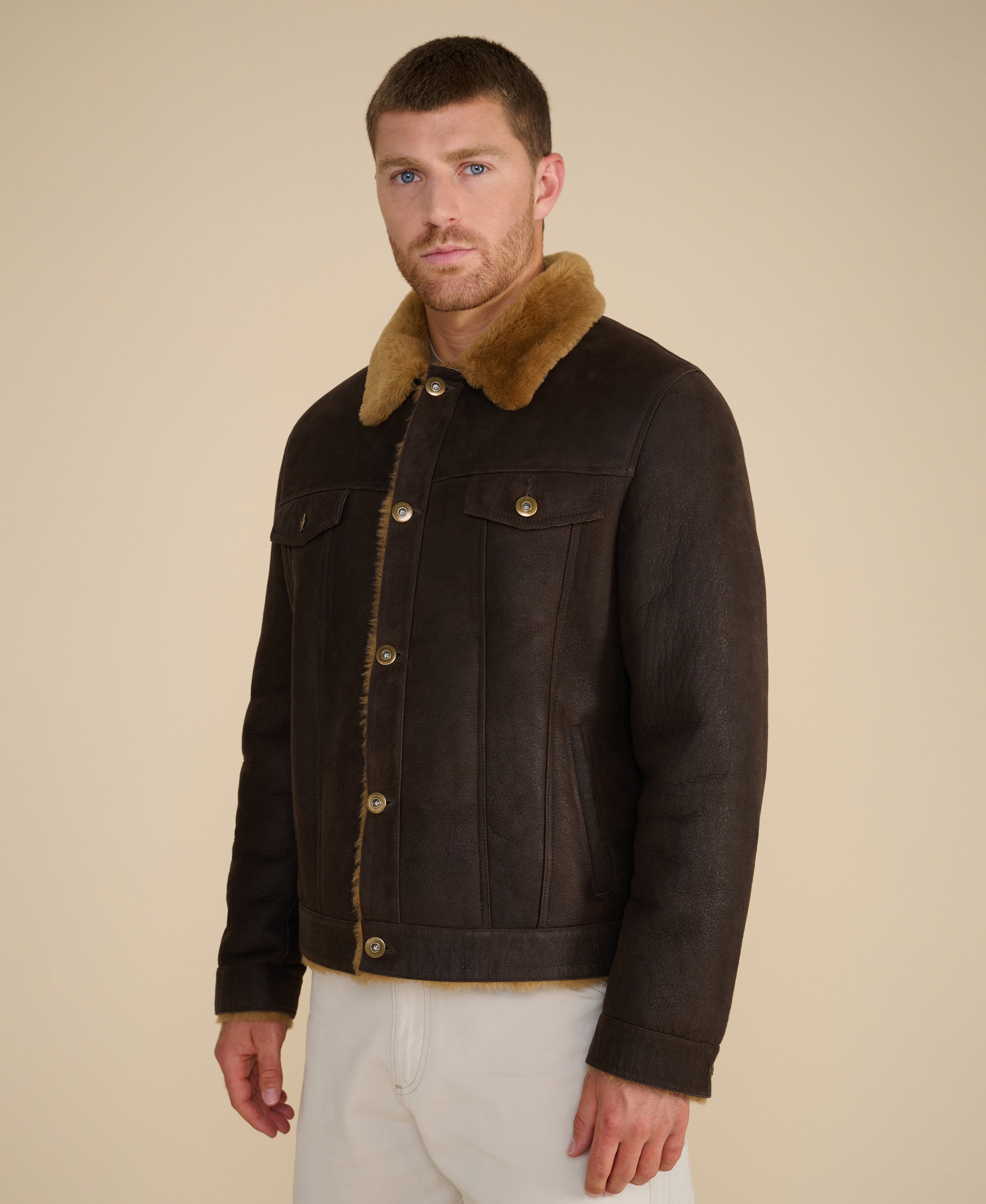 mens suede casual jacket washed brown with ginger wool