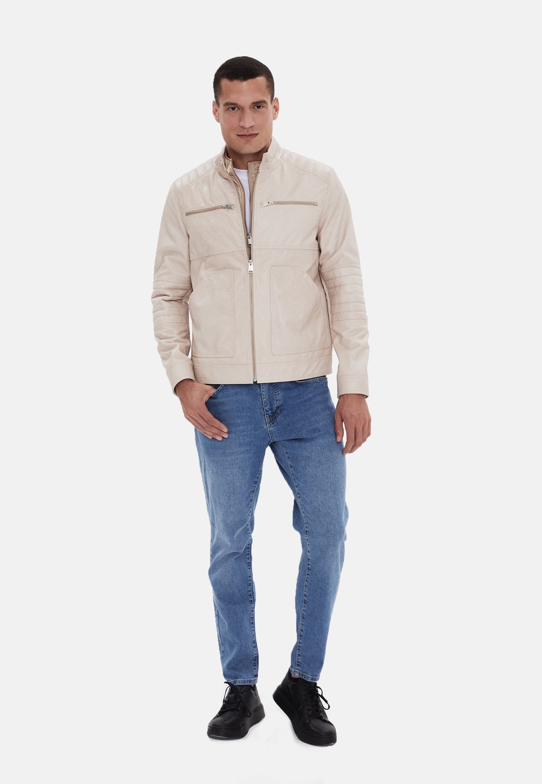 mens fashion leather jacket beige 3