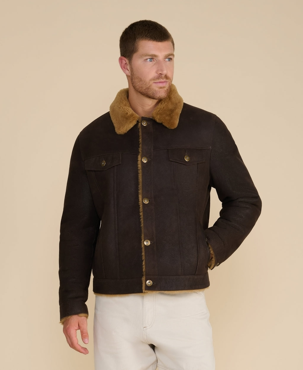 mens suede casual jacket washed brown with ginger wool