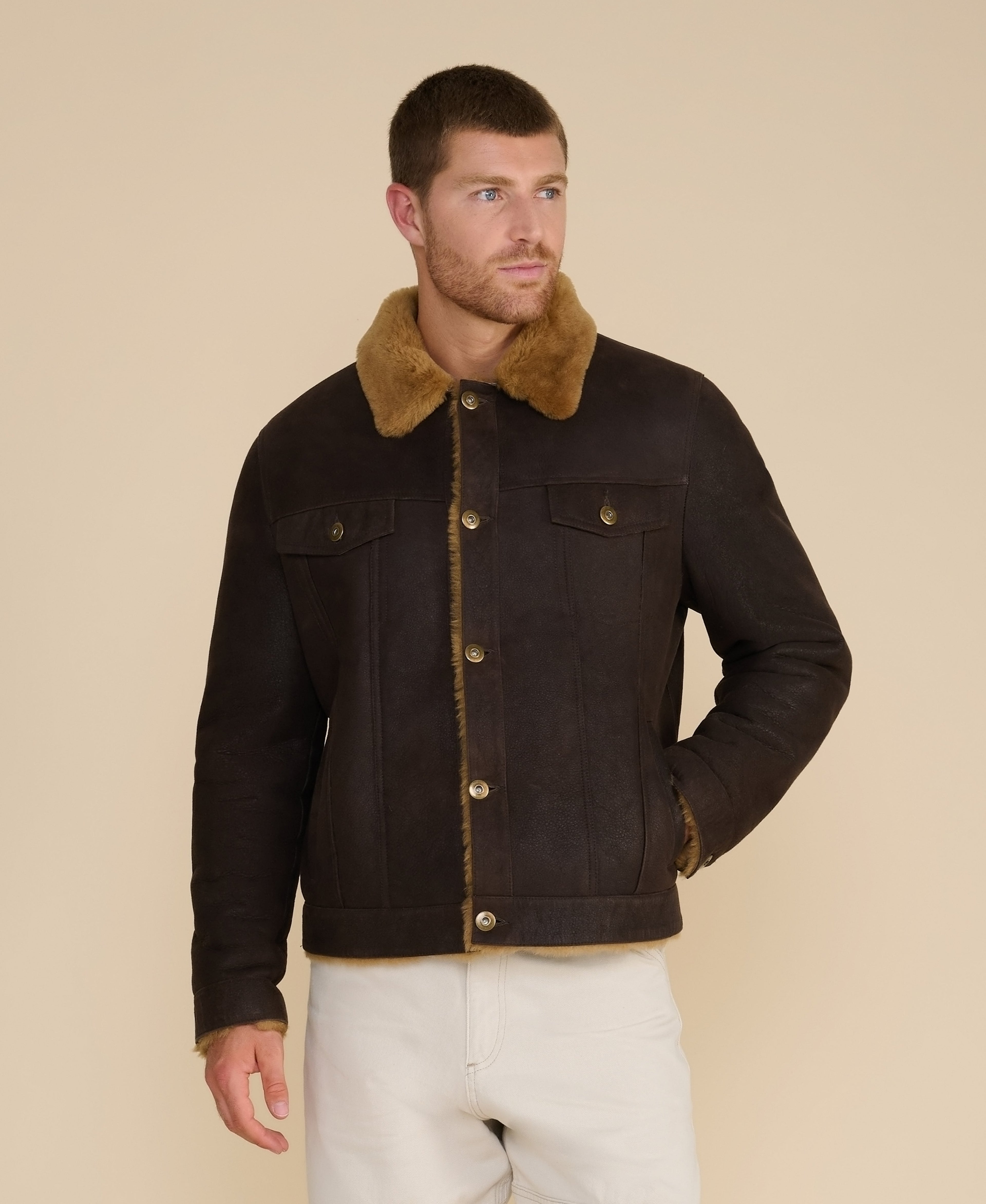 mens suede casual jacket washed brown with ginger wool