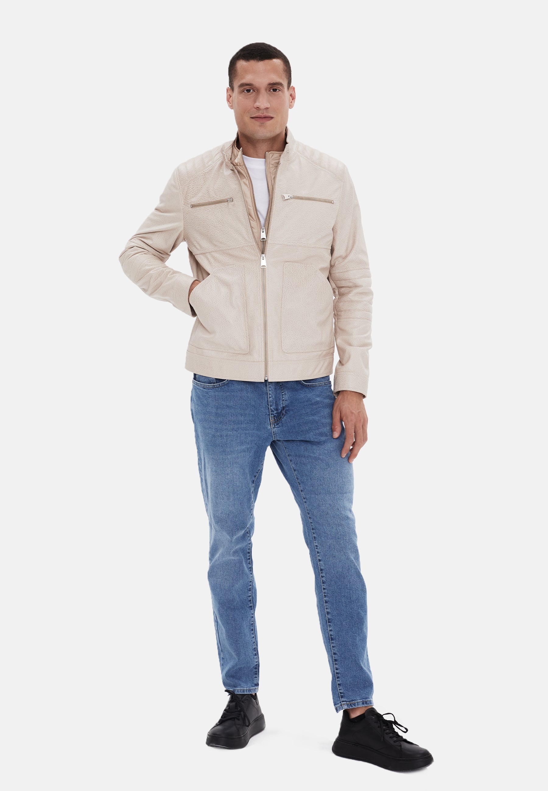 mens fashion leather jacket beige 3