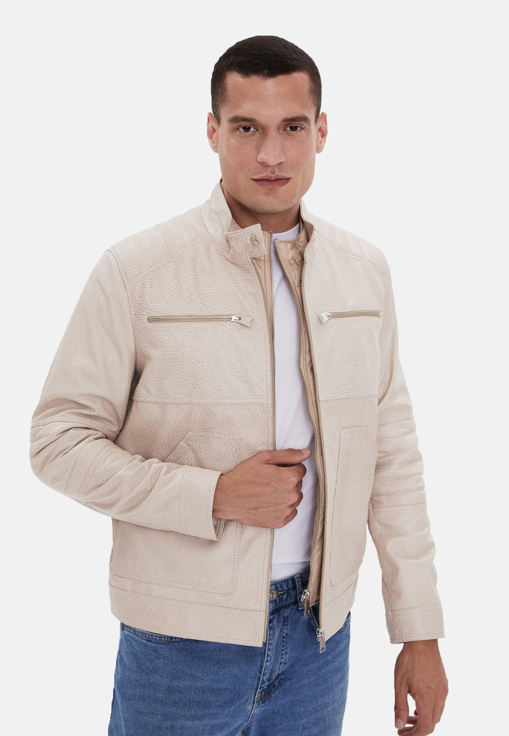 mens fashion leather jacket beige 3