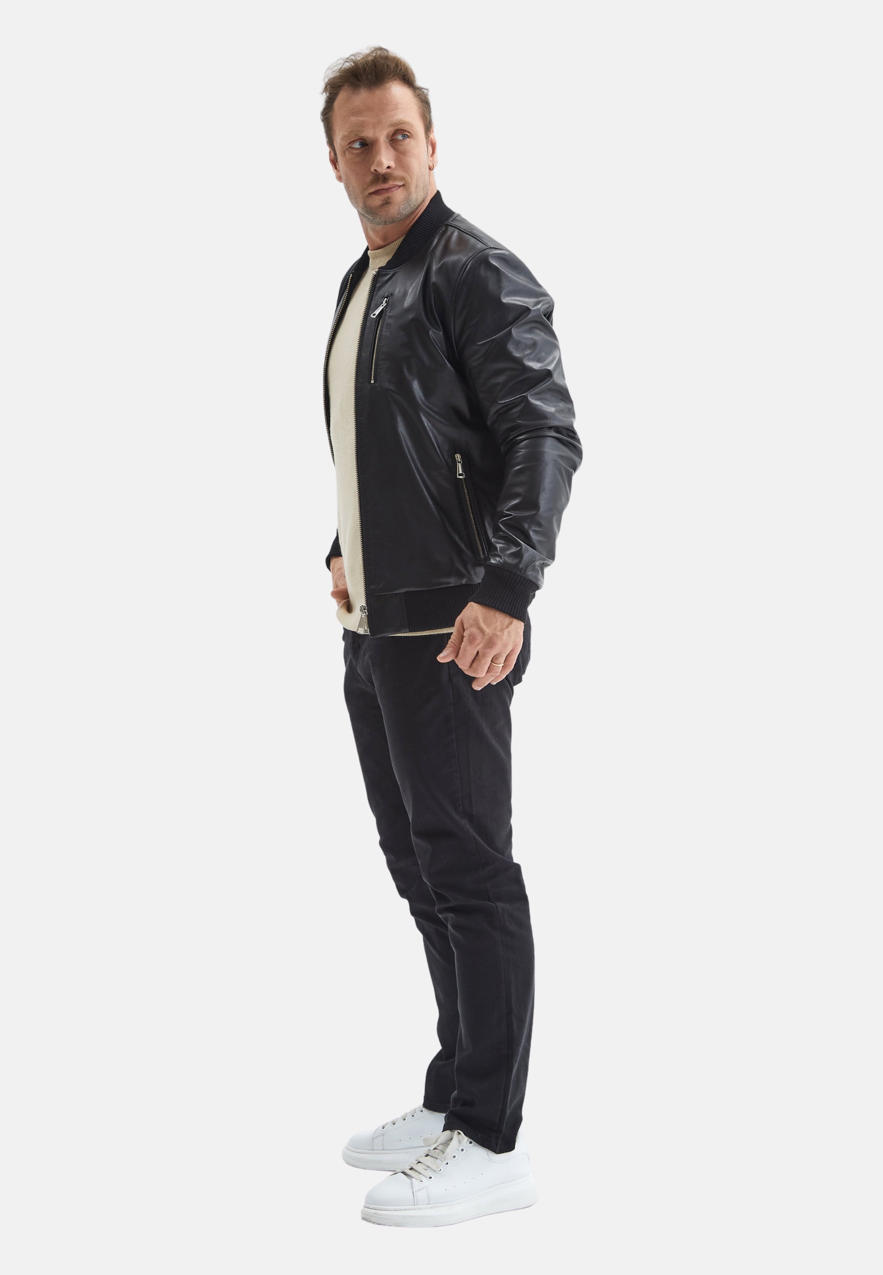 mens leather bomber jacket black