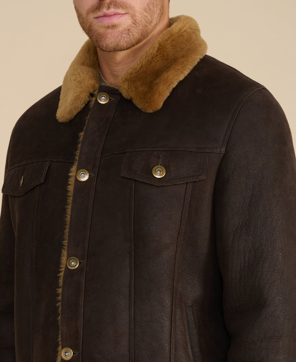 mens suede casual jacket washed brown with ginger wool