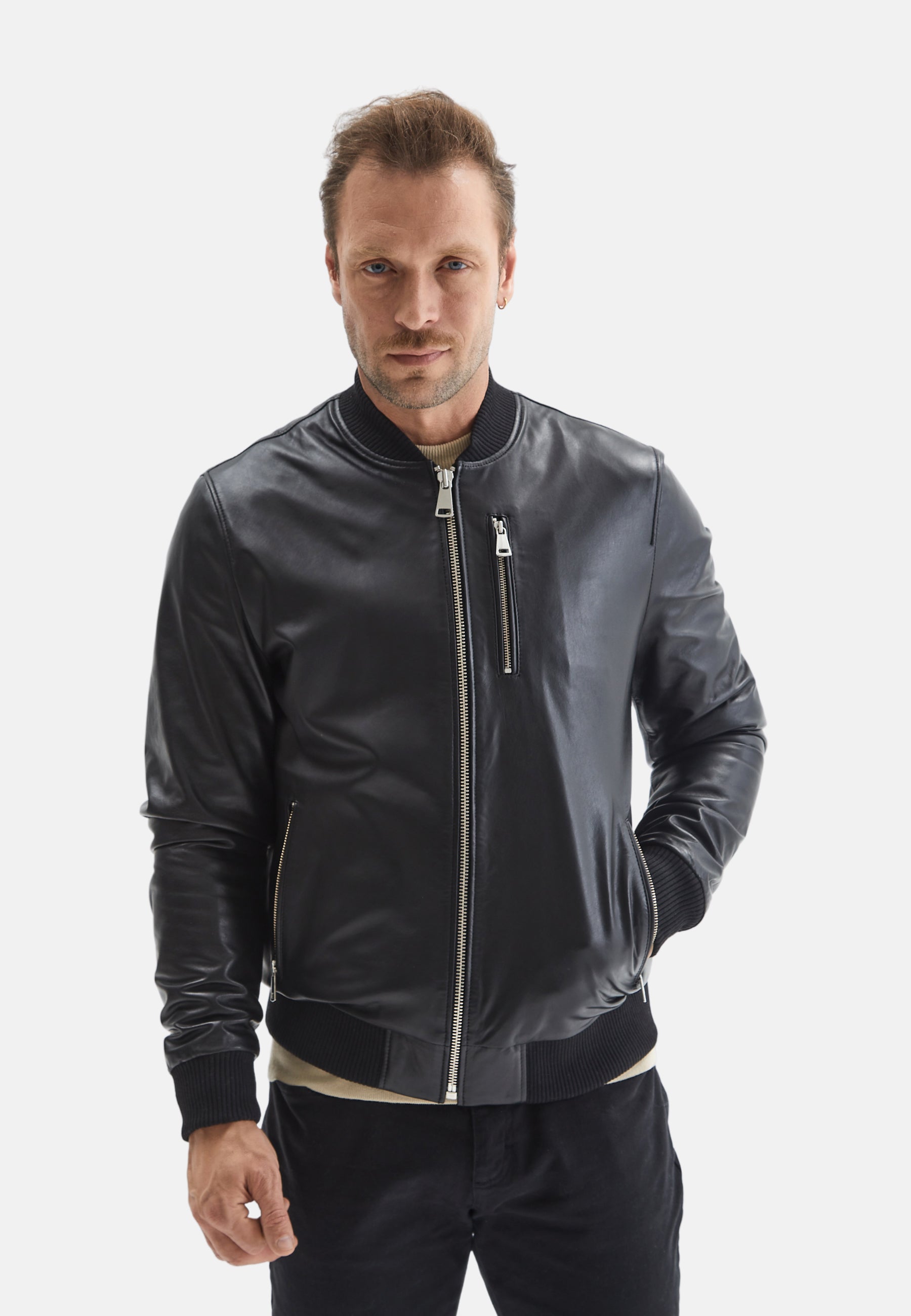 mens leather bomber jacket black