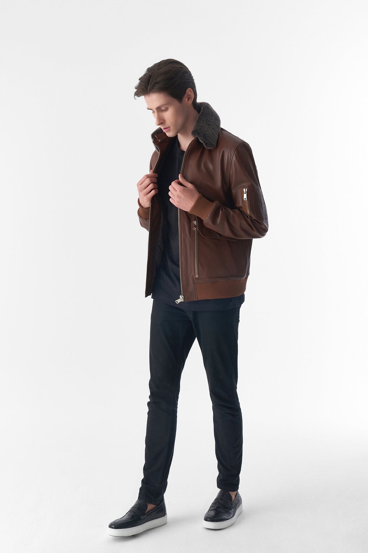 detachable fur collar leather jacket jumbo tan