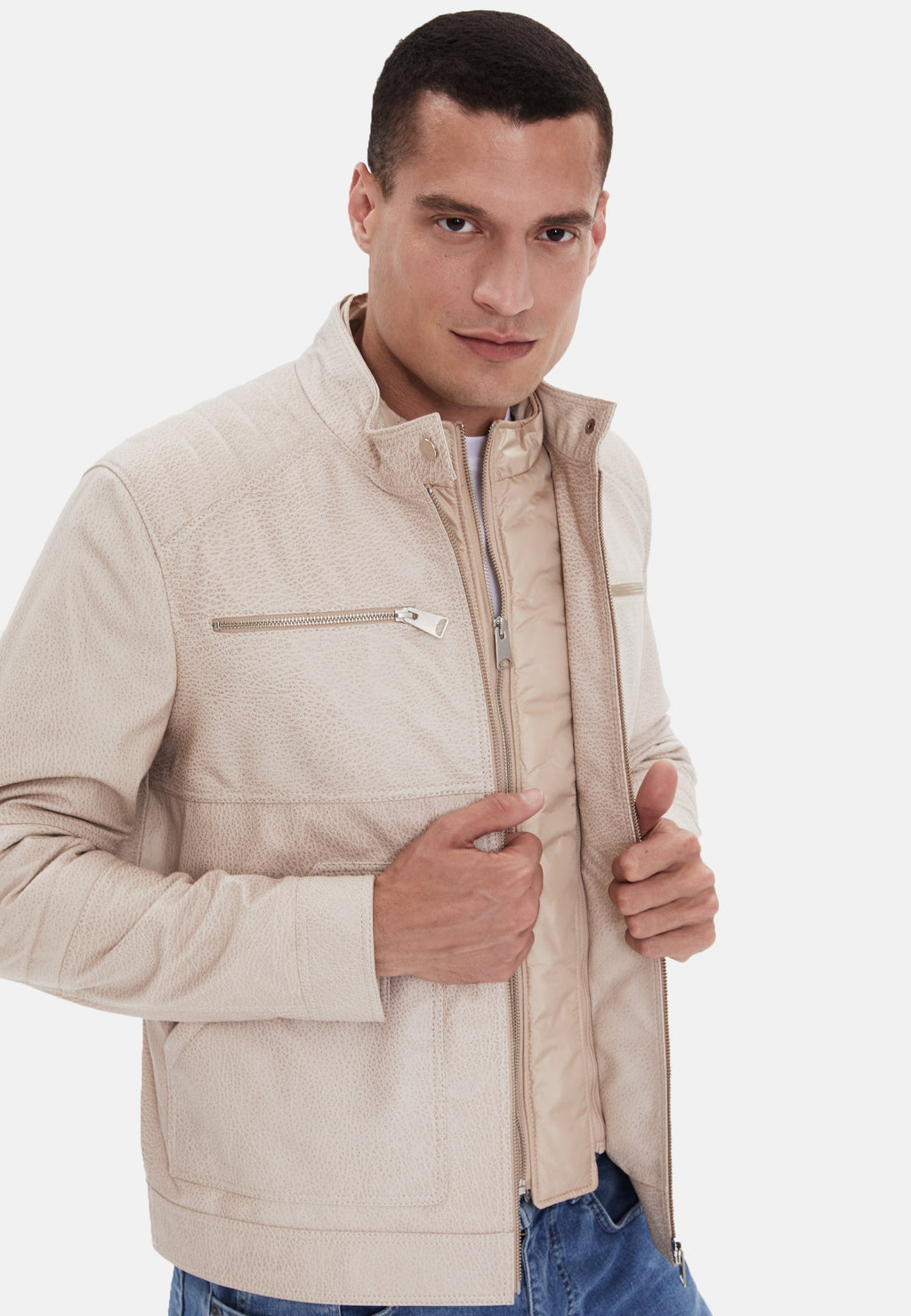 mens fashion leather jacket beige 3