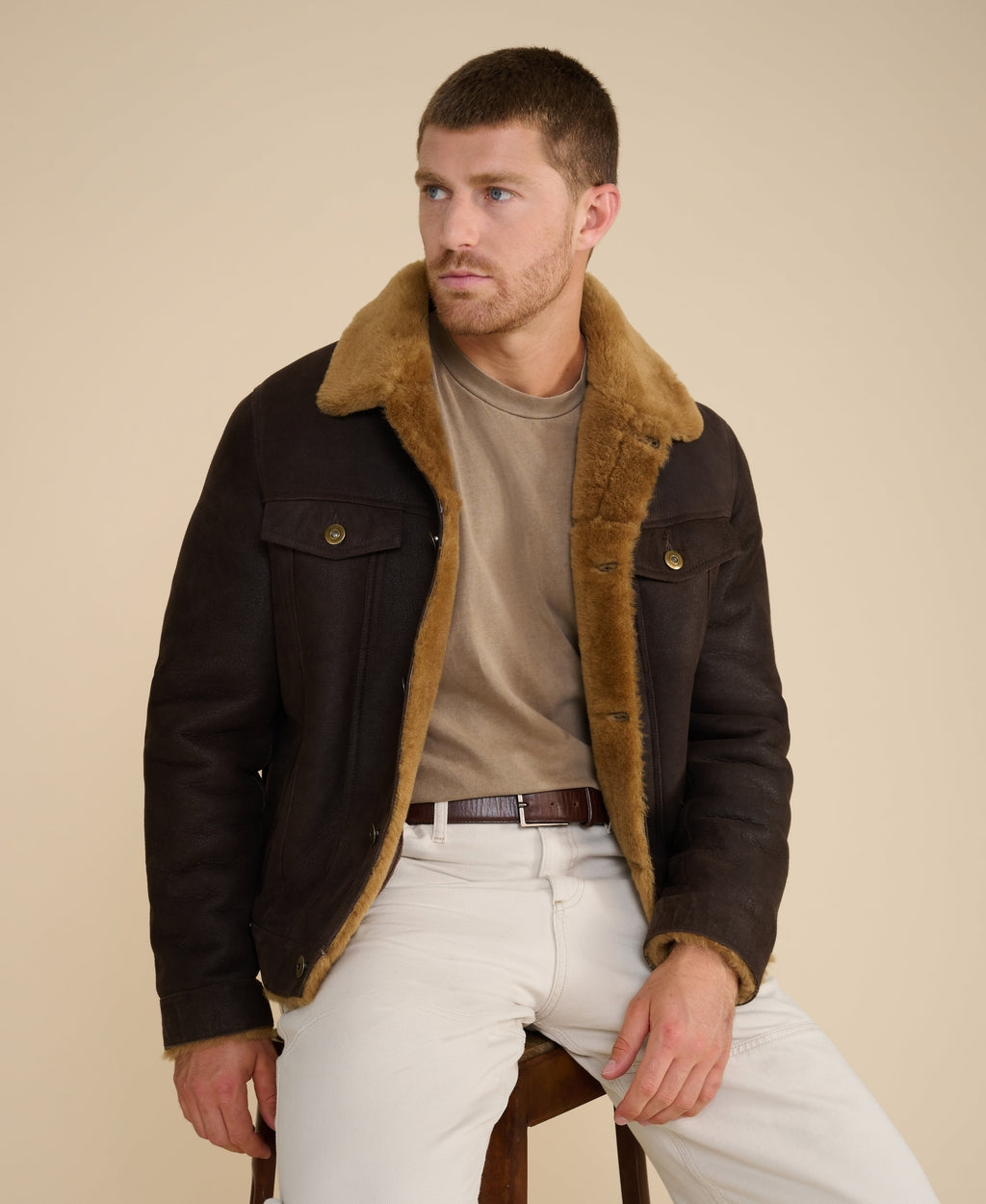 mens suede casual jacket washed brown with ginger wool