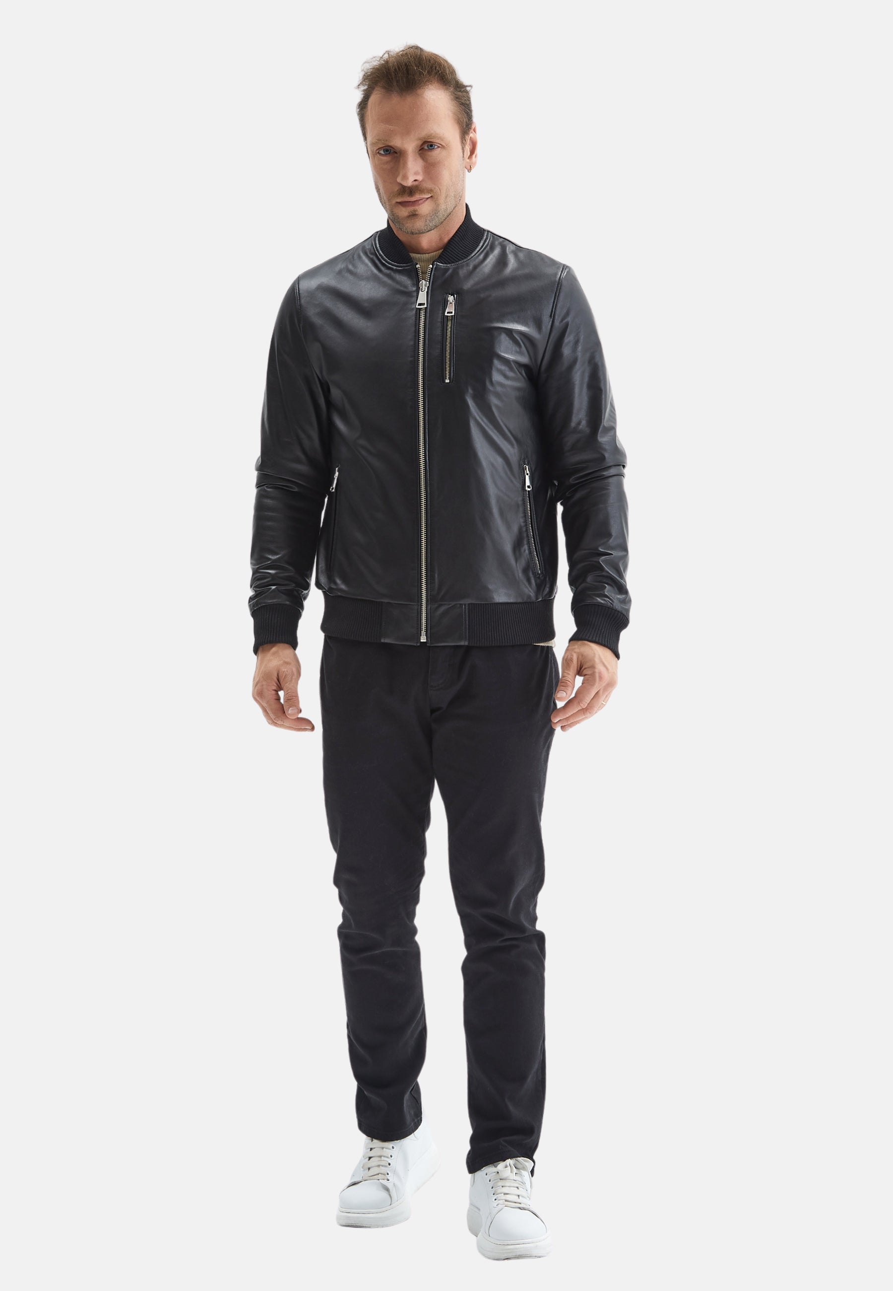 mens leather bomber jacket black