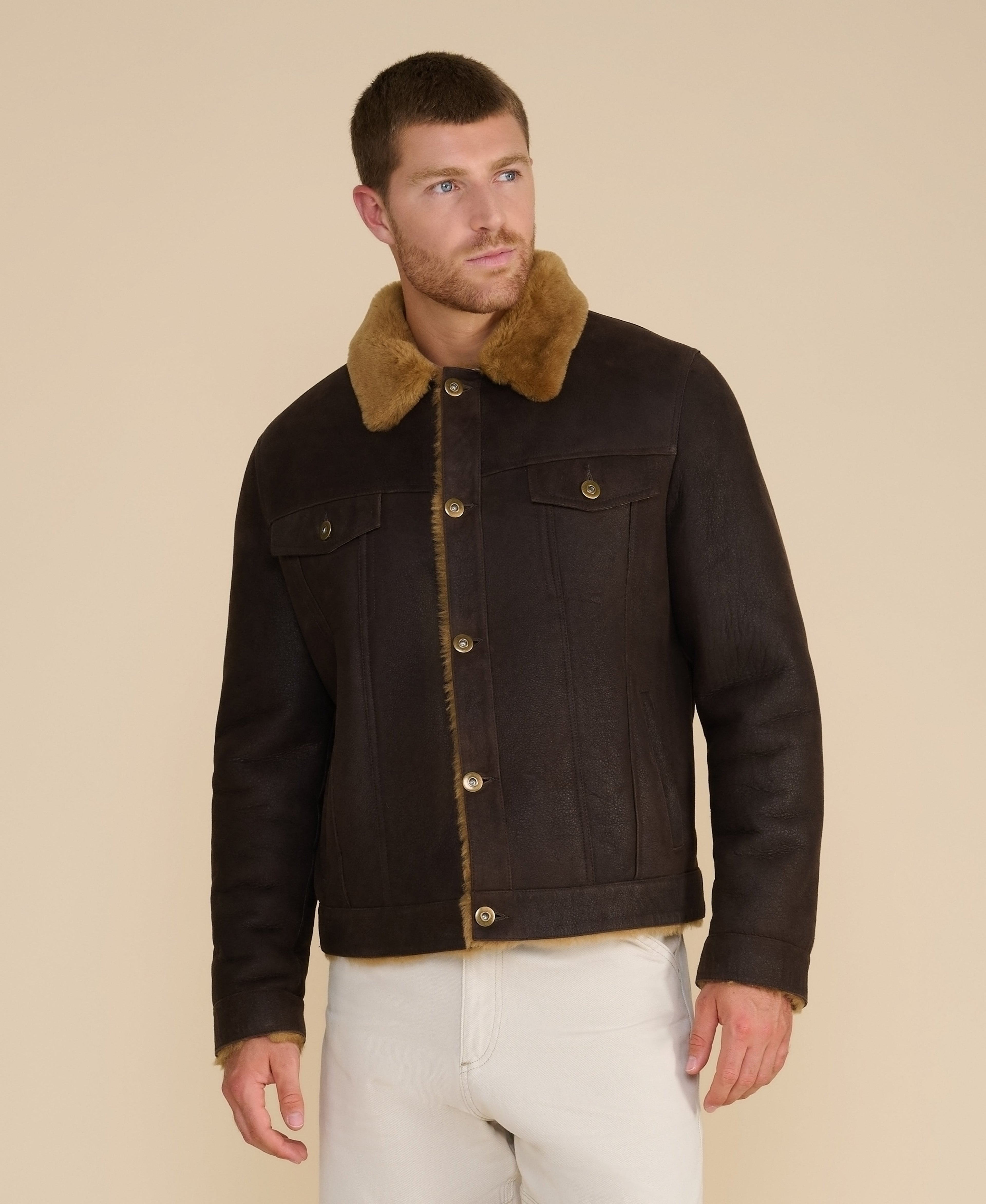 mens suede casual jacket washed brown with ginger wool