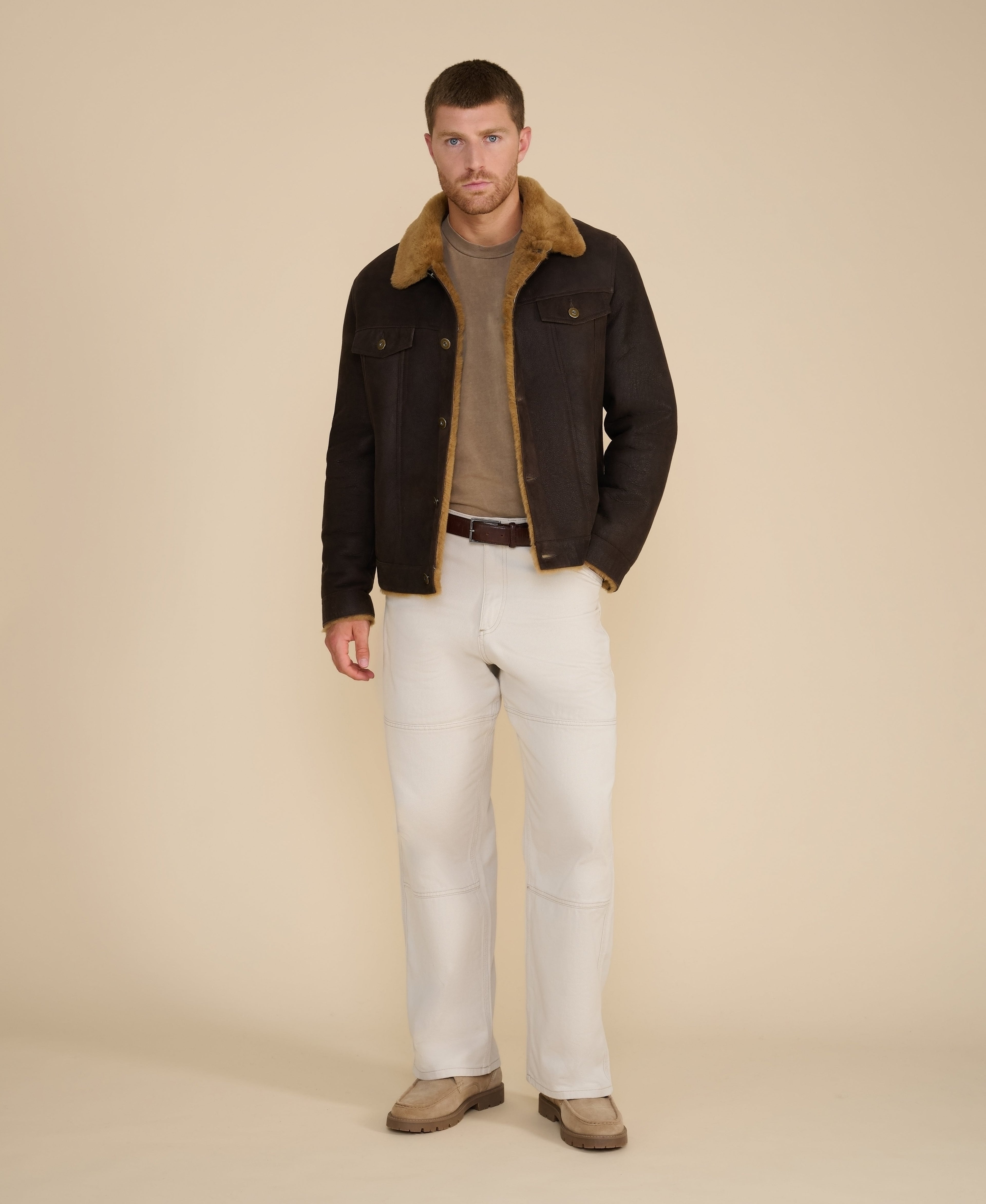 mens suede casual jacket washed brown with ginger wool