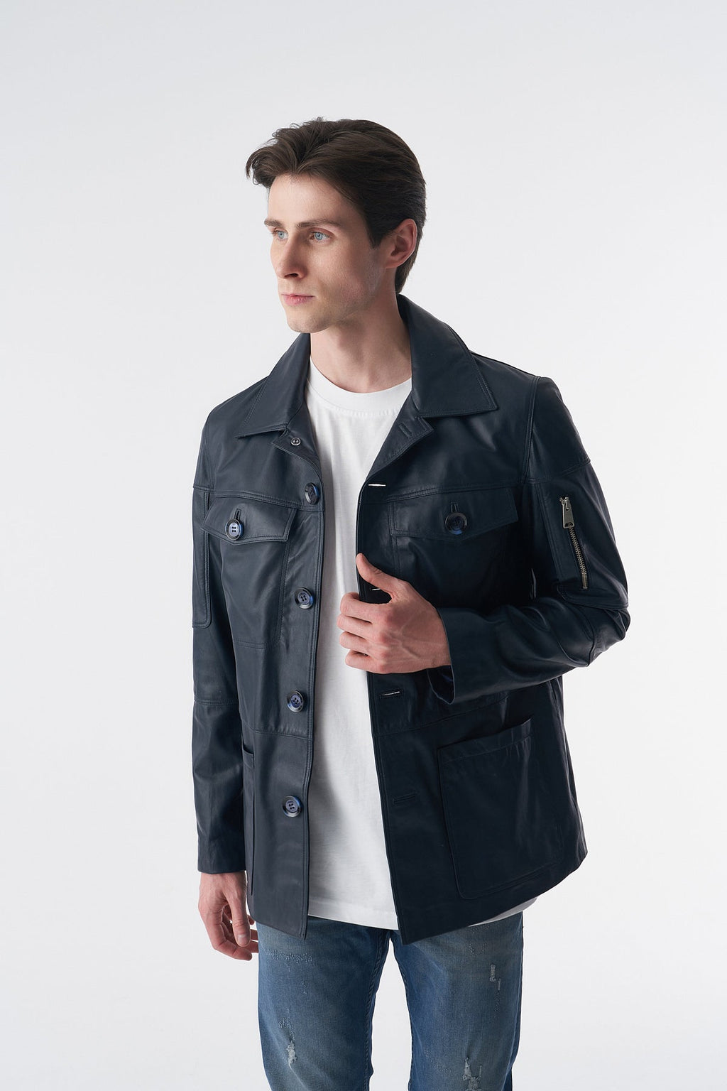 genuine leather coat navy