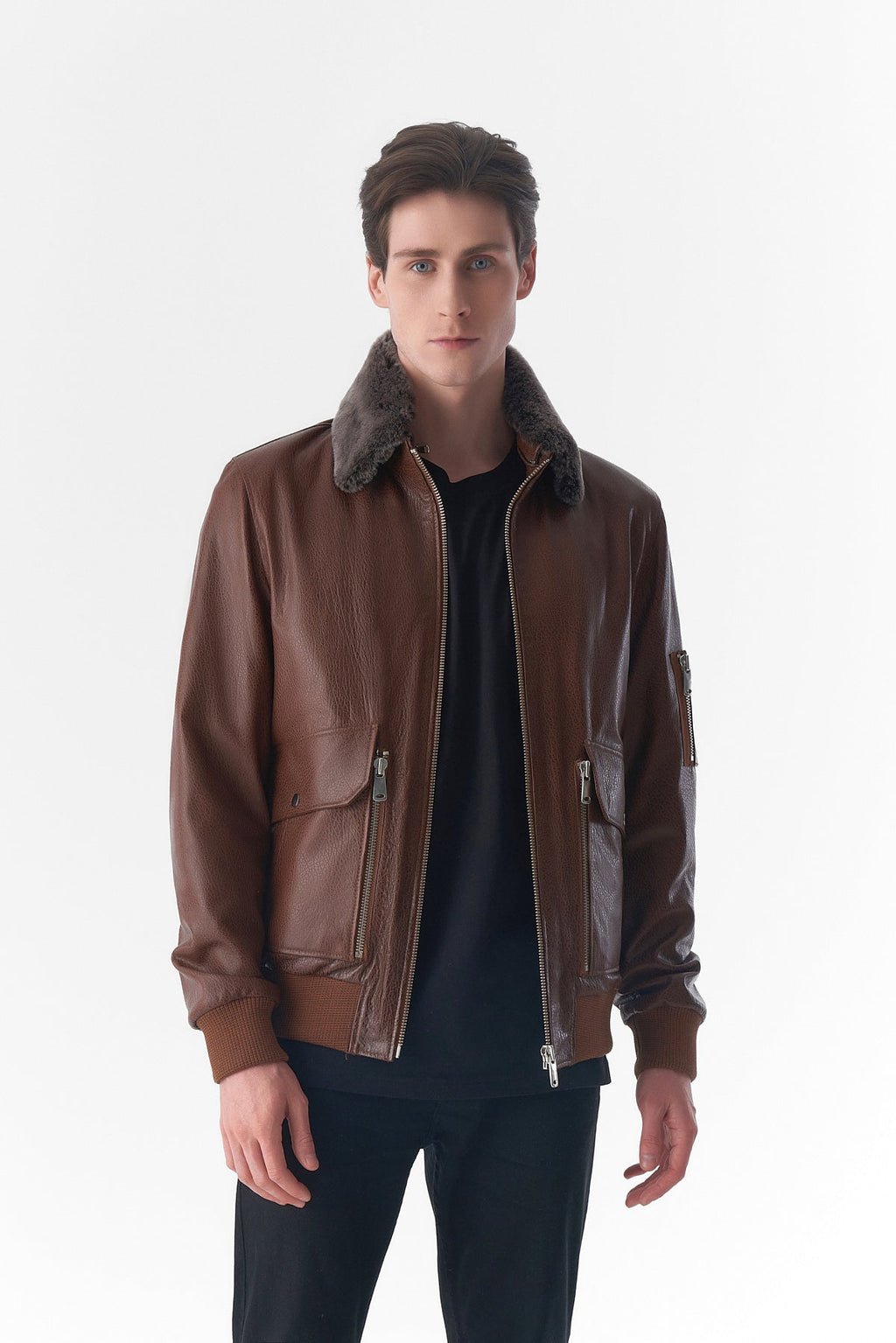 detachable fur collar leather jacket jumbo tan