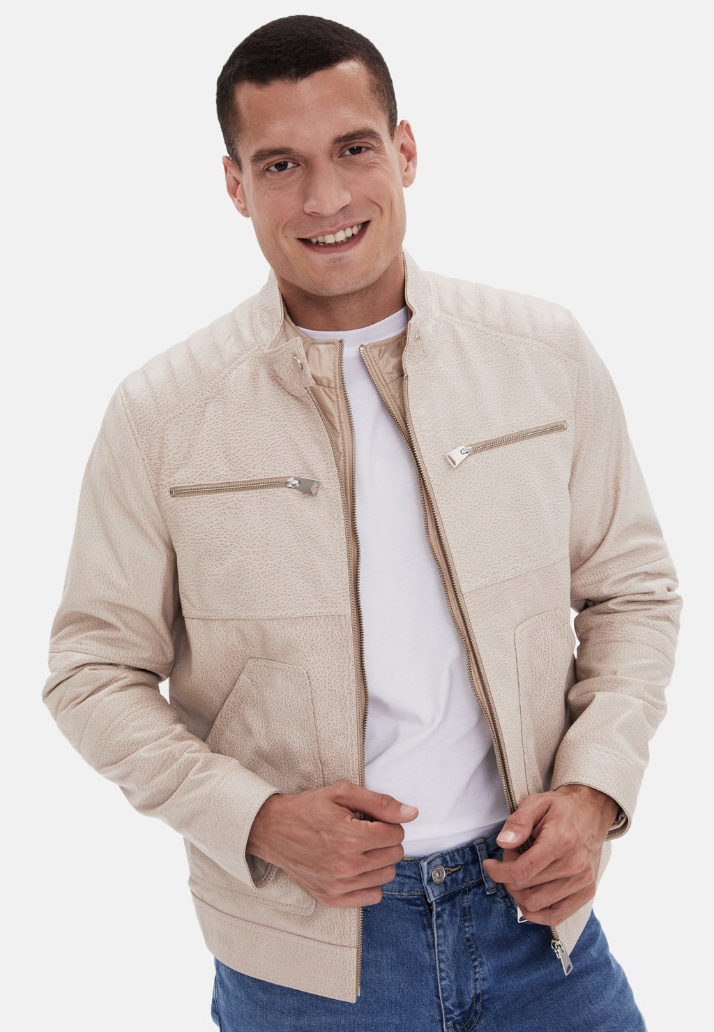 mens fashion leather jacket beige 3