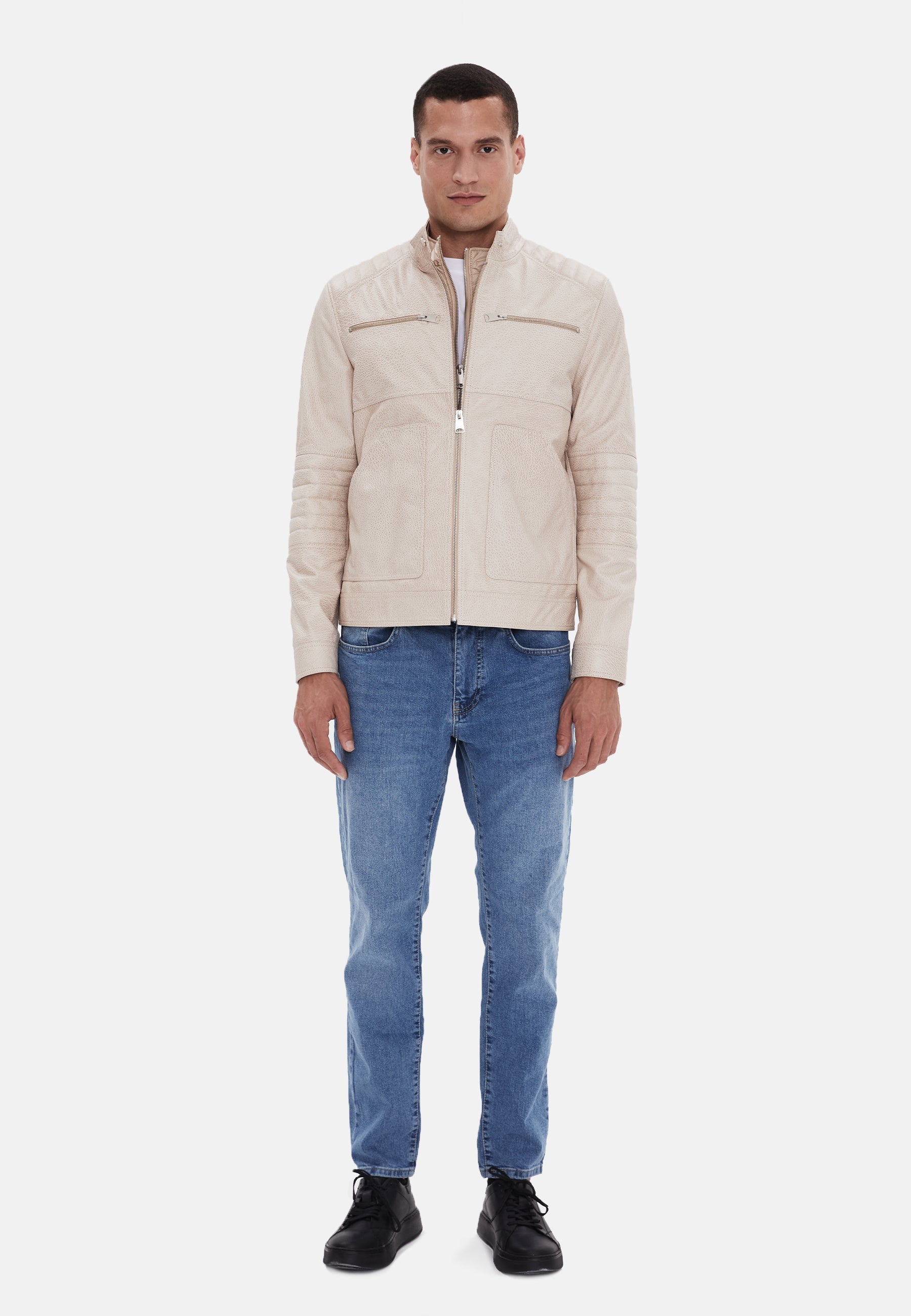mens fashion leather jacket beige 3