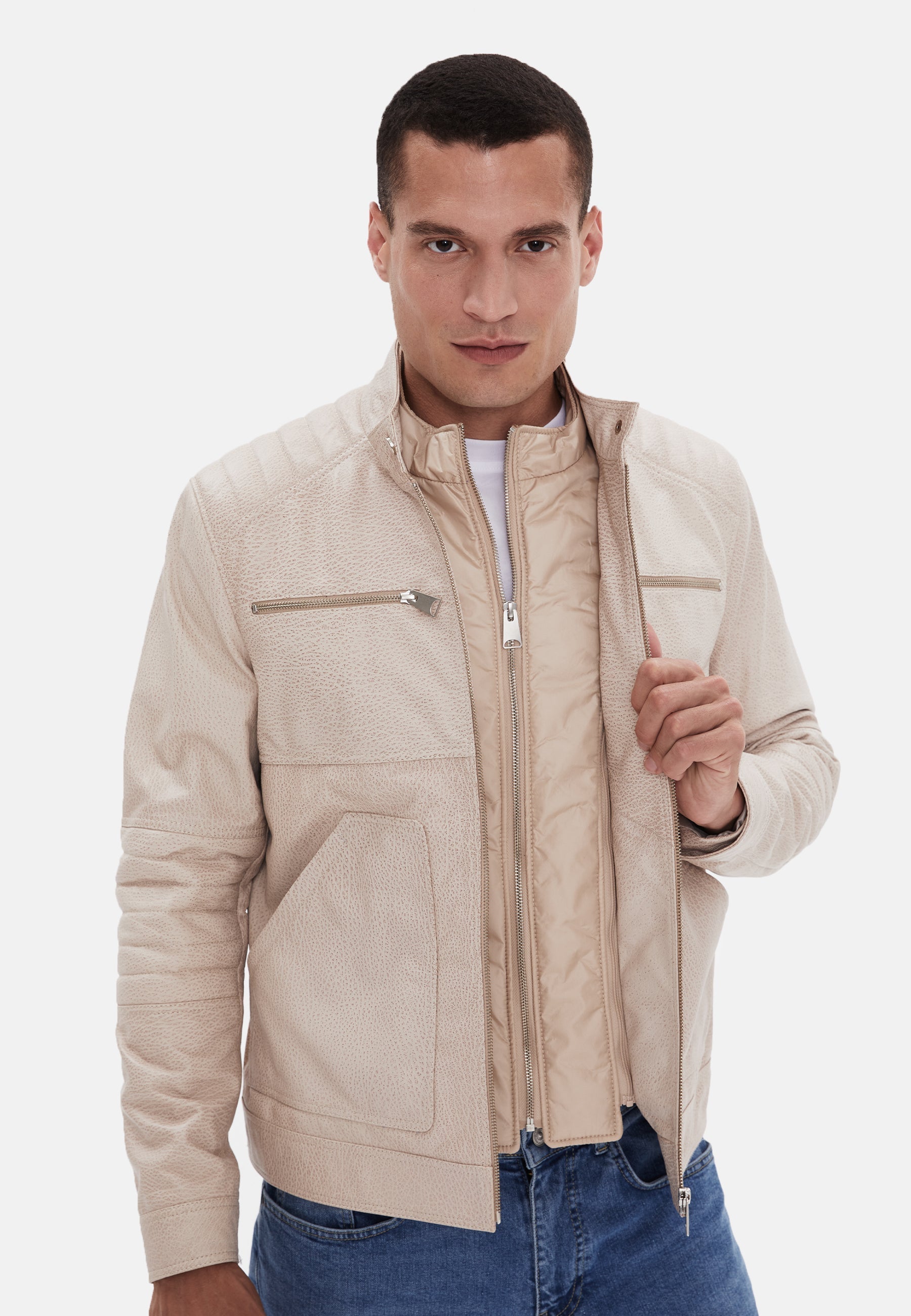 mens fashion leather jacket beige 3