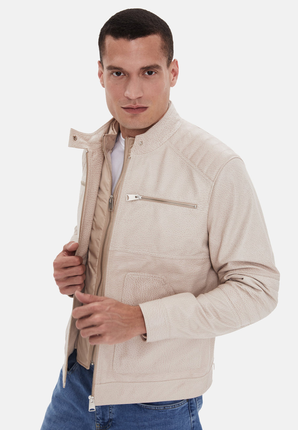 mens fashion leather jacket beige 3