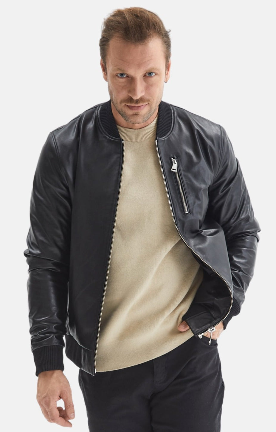 mens leather bomber jacket black