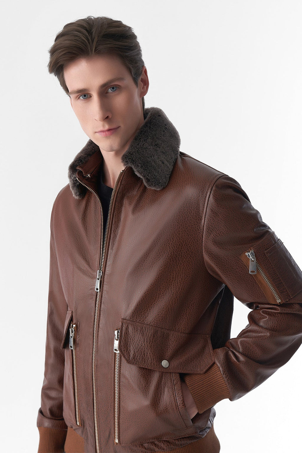detachable fur collar leather jacket jumbo tan
